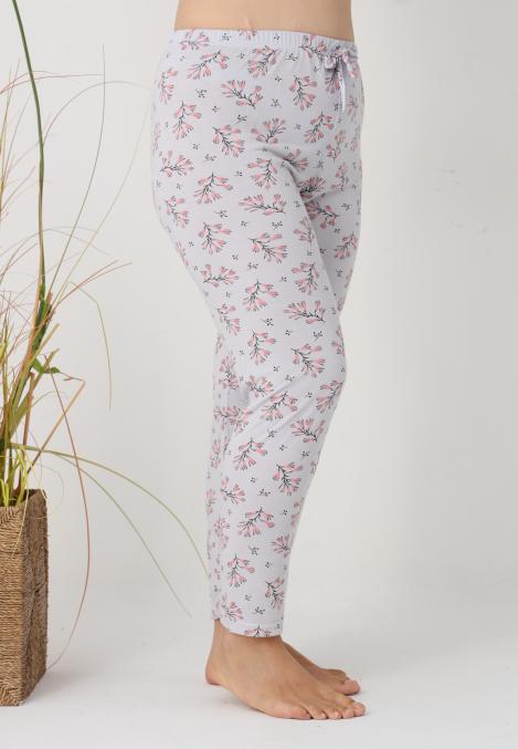 Pantaloni de Pijama Dama Lungi,Big Size, Culoare Gri cu Frunze Roz ,Engros